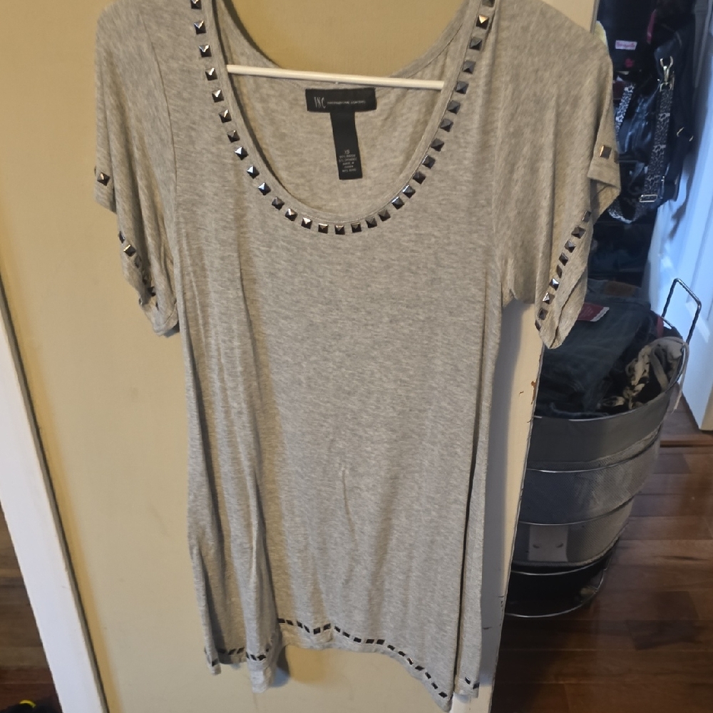 INC International Concepts Gray Studded Short Sleeve Top